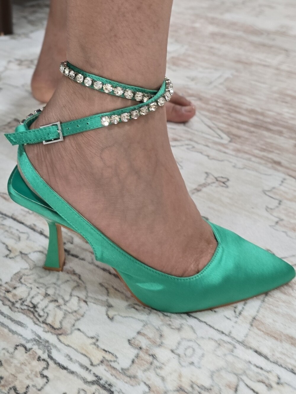 Emerald Satin Ankle-Strap Heels with Crystal Wrap